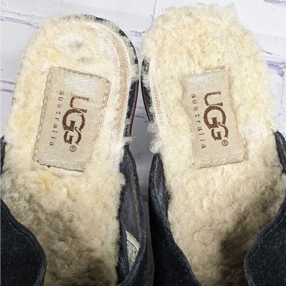 UGG Shearling Lined Black Suede Heeled Mules Clogs - Picture 13 of 14